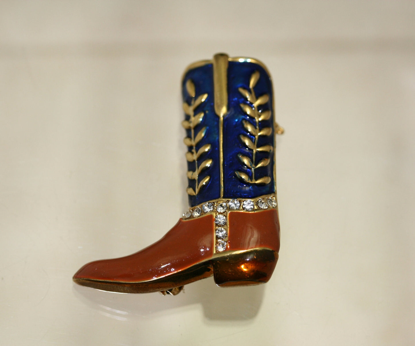 Country Western Cowboy Boot Brooch Gold Tone & Blue Enamel Rhinestones Pin