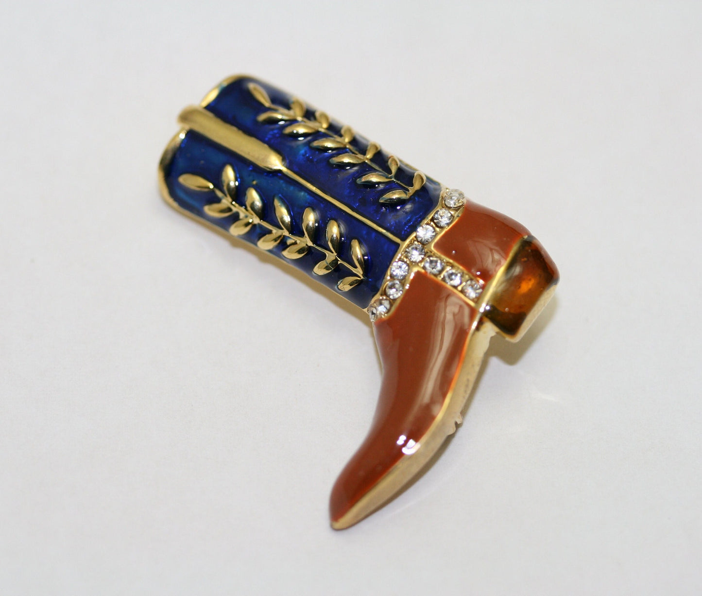 Country Western Cowboy Boot Brooch Gold Tone & Blue Enamel Rhinestones Pin