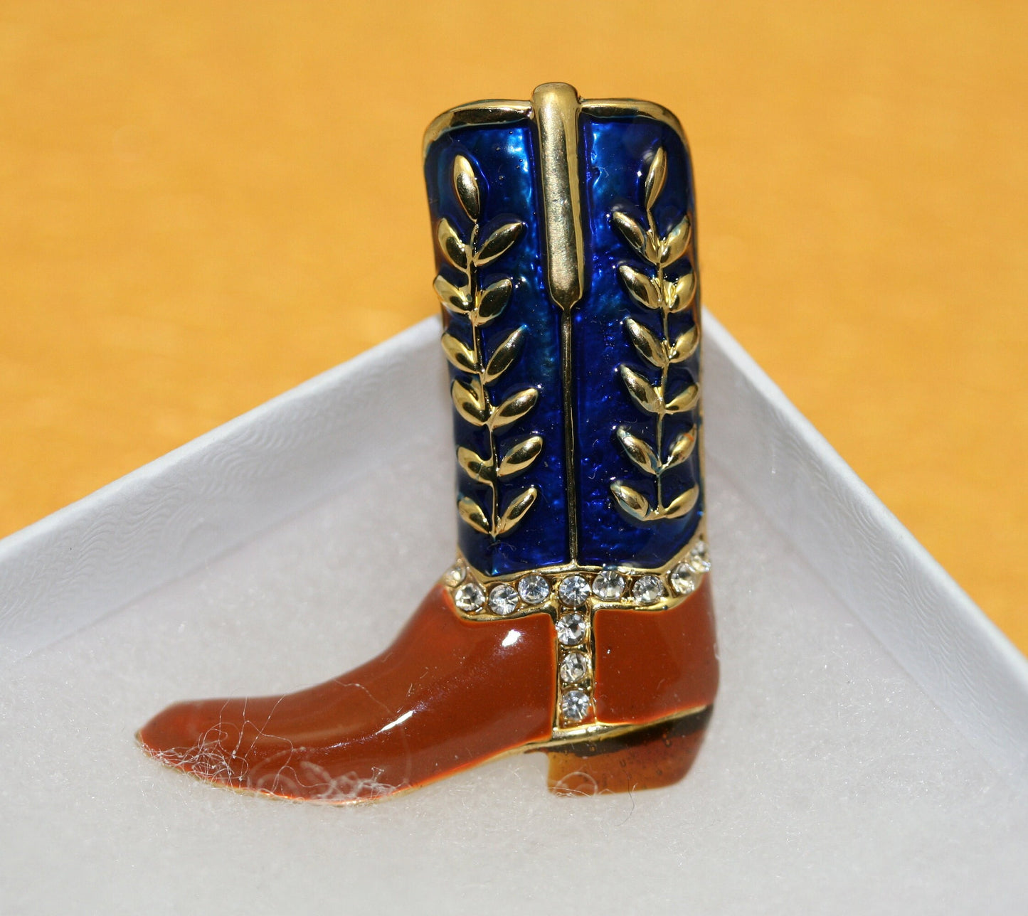 Country Western Cowboy Boot Brooch Gold Tone & Blue Enamel Rhinestones Pin