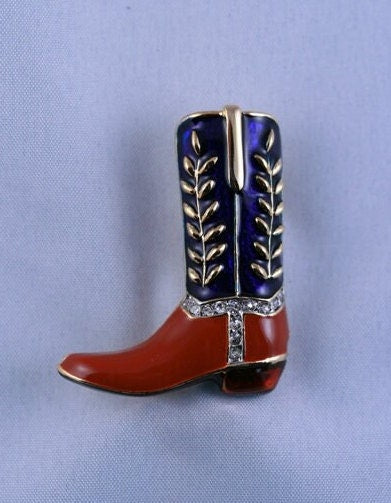 Country Western Cowboy Boot Brooch Gold Tone & Blue Enamel Rhinestones Pin