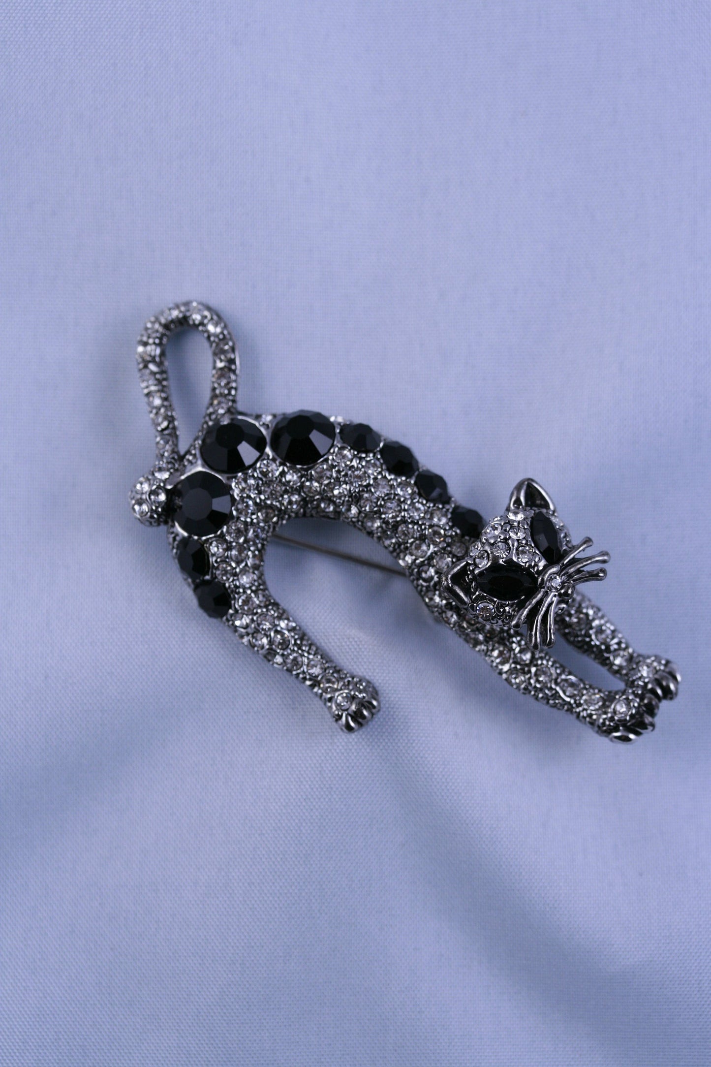 Cat brooch, Silver-Tone Black Rhinestone Cat Pin, Halloween Cat Jewelry