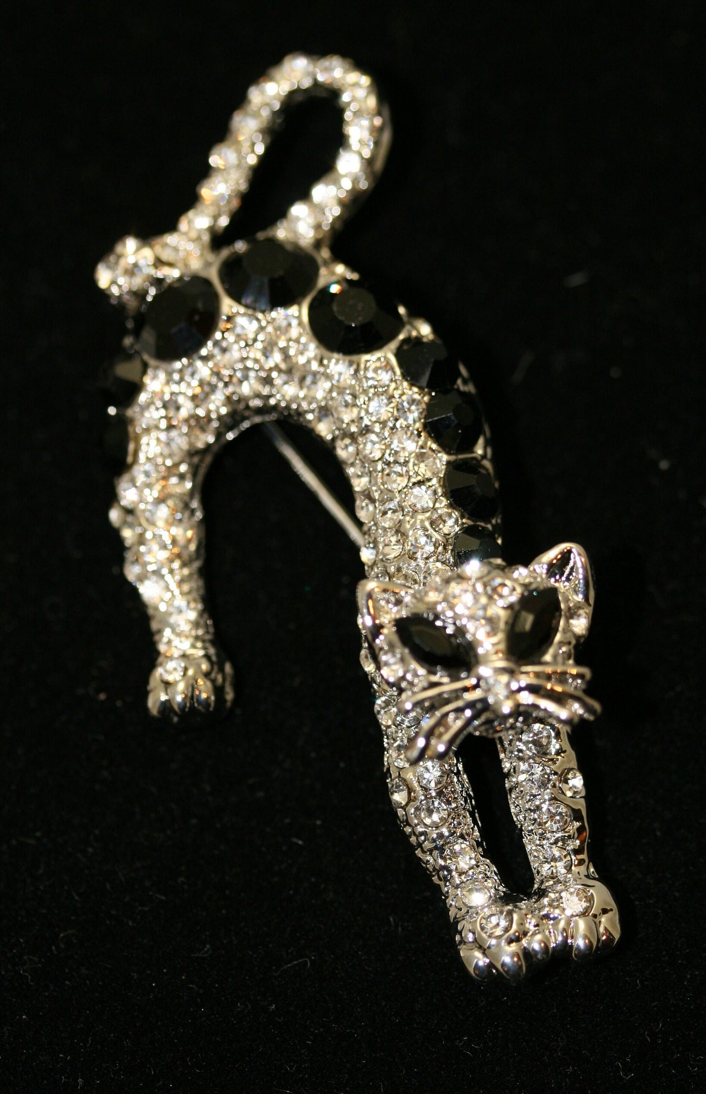 Cat brooch, Silver-Tone Black Rhinestone Cat Pin, Halloween Cat Jewelry