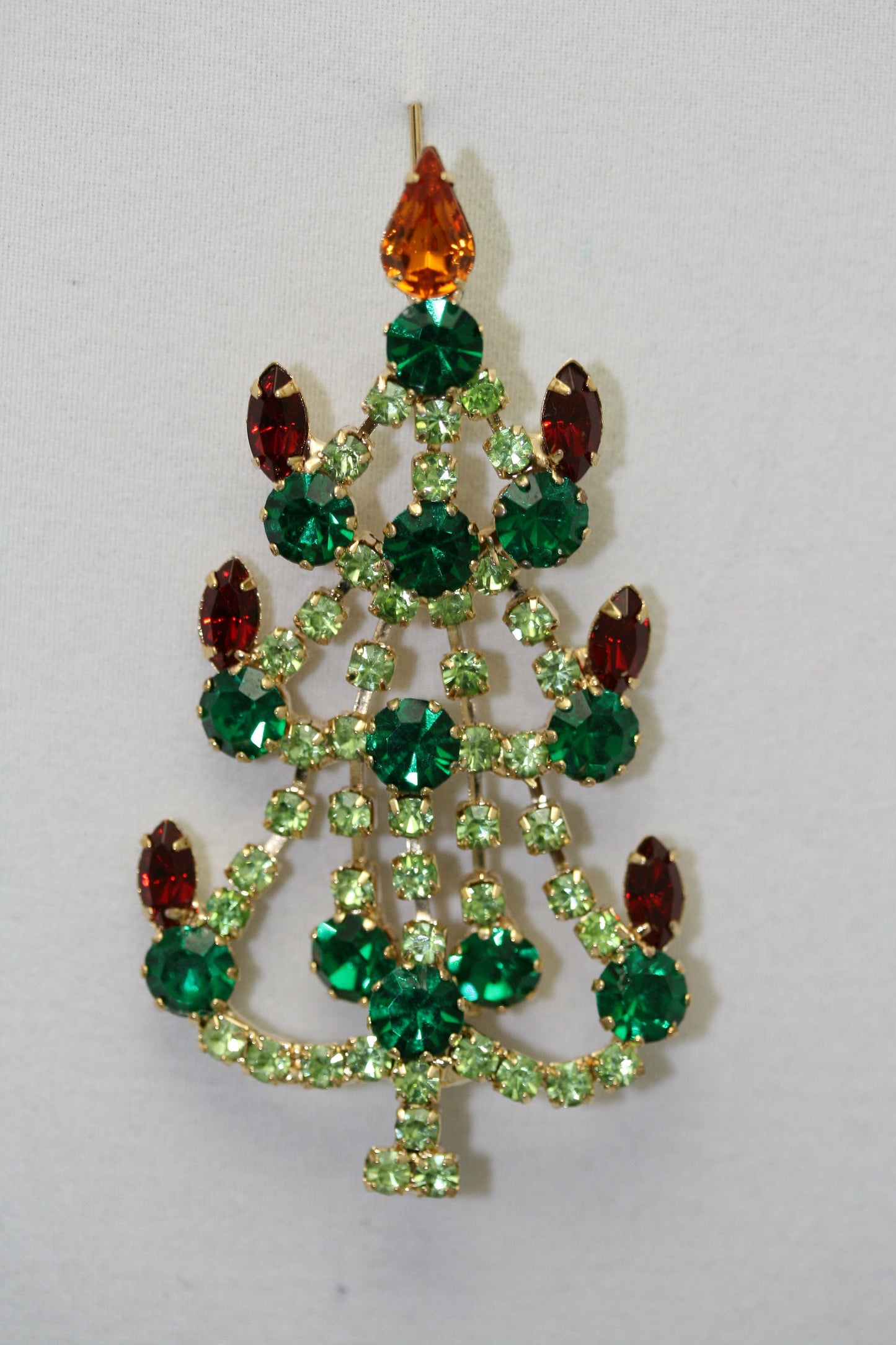 Vintage Crystal Gold-Tone Christmas Tree Brooch Pin, Rhinestone Christmas Jewelry