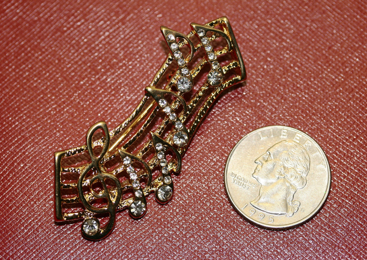 Vintage Rhinestone Gold-Tone Music Note Bar Brooch Pin, Music Note Jewelry