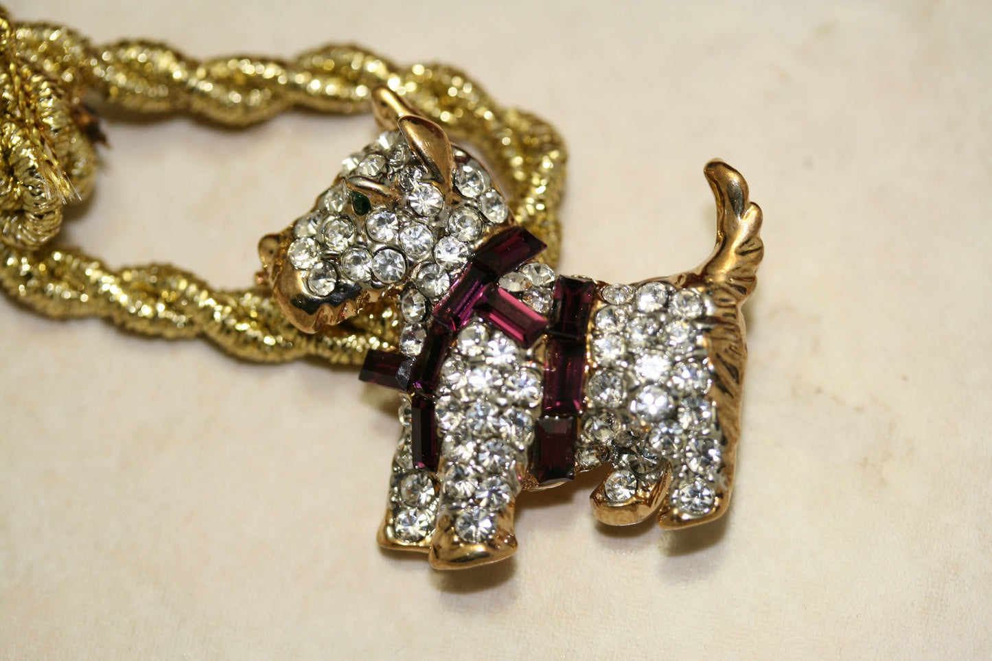 Vintage Scottish Dog Brooch Pin Pave Rhinestones Purple Harness Cute Puppy Dog Figural Pin
