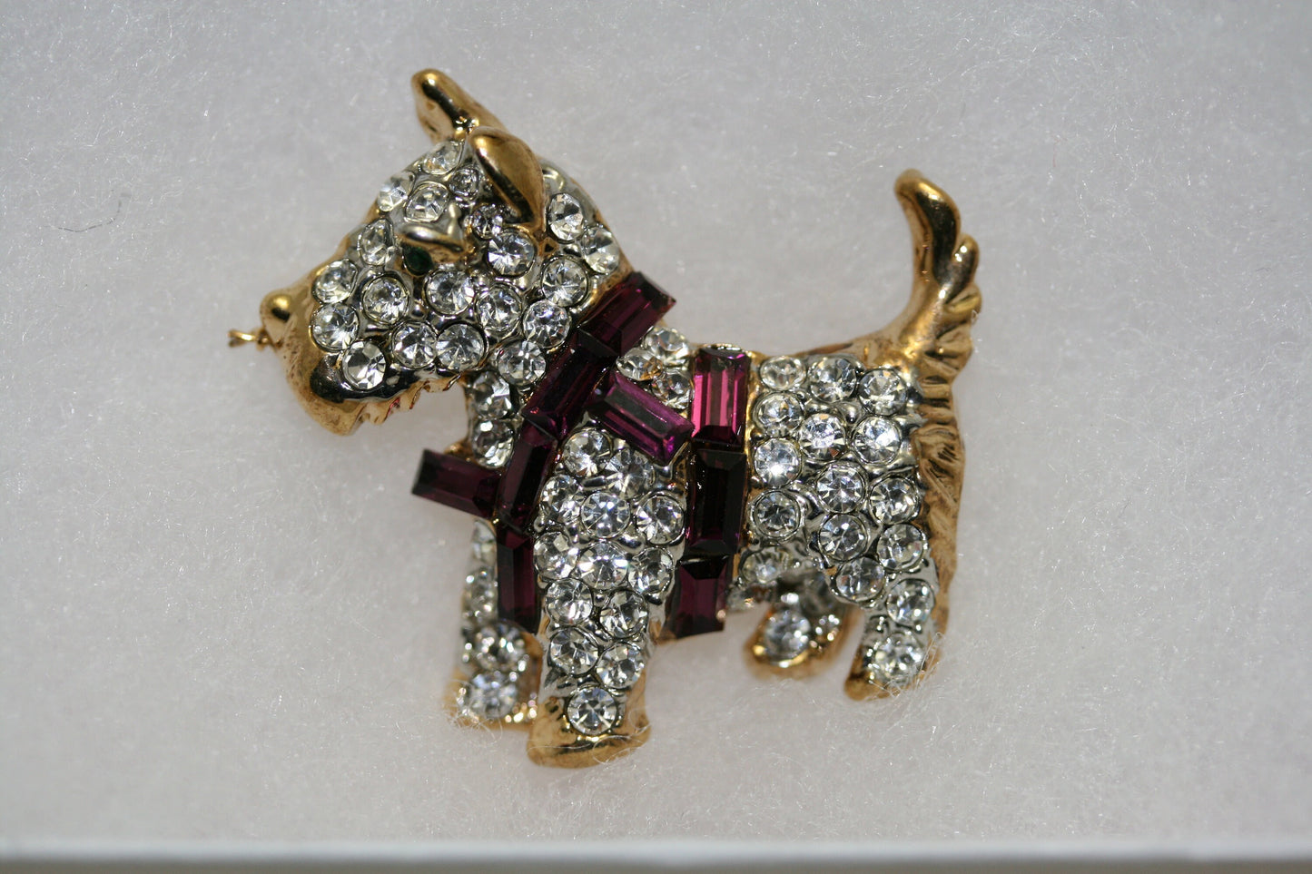 Vintage Scottish Dog Brooch Pin Pave Rhinestones Purple Harness Cute Puppy Dog Figural Pin