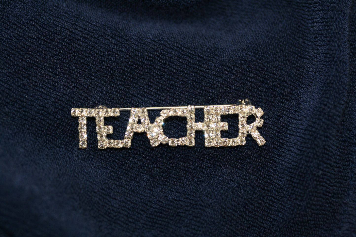 Clear Rhinestone Silver-Plated "TEACHER" Brooch Pin, Word Teacher Pin