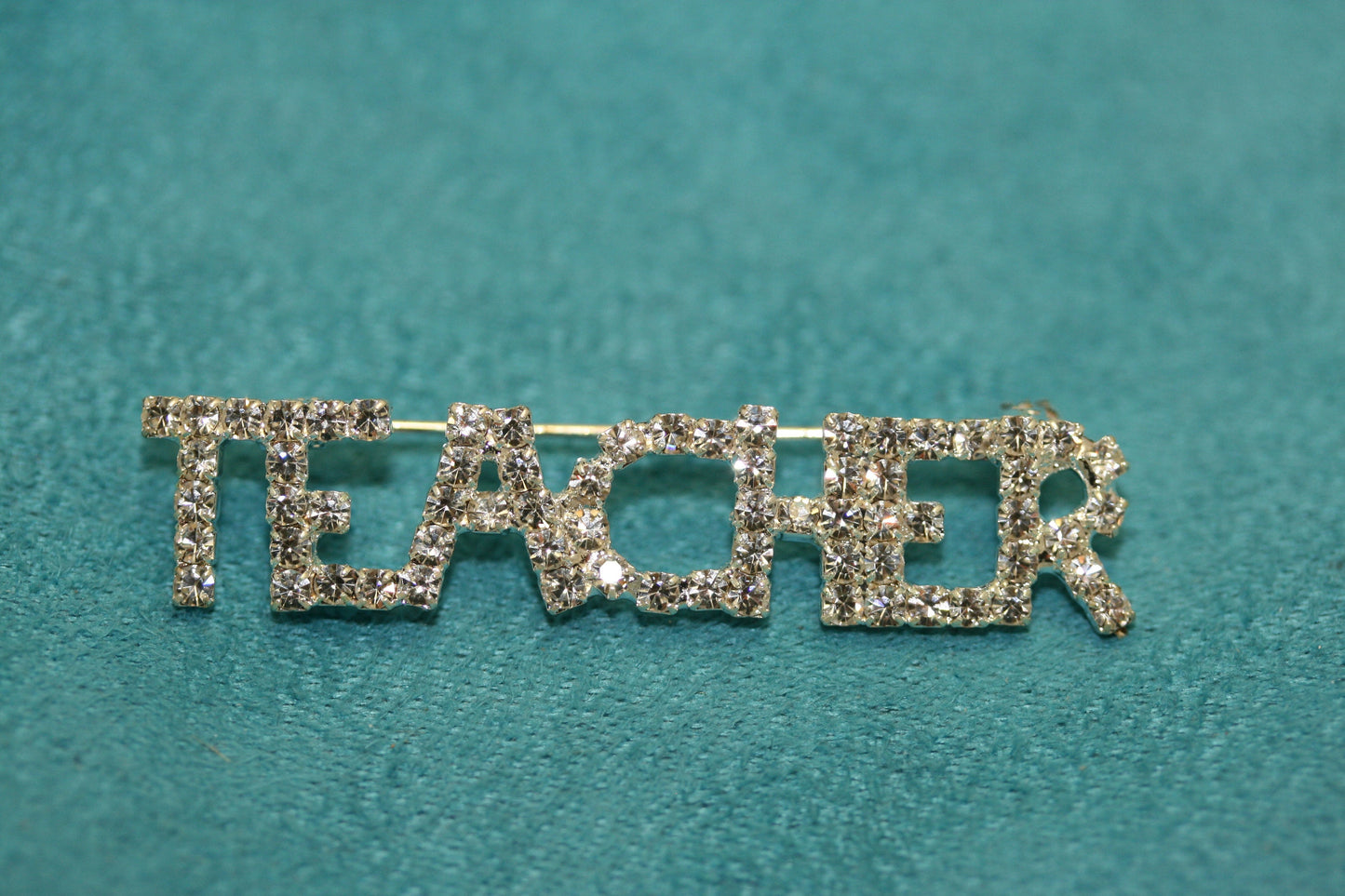 Clear Rhinestone Silver-Plated "TEACHER" Brooch Pin, Word Teacher Pin