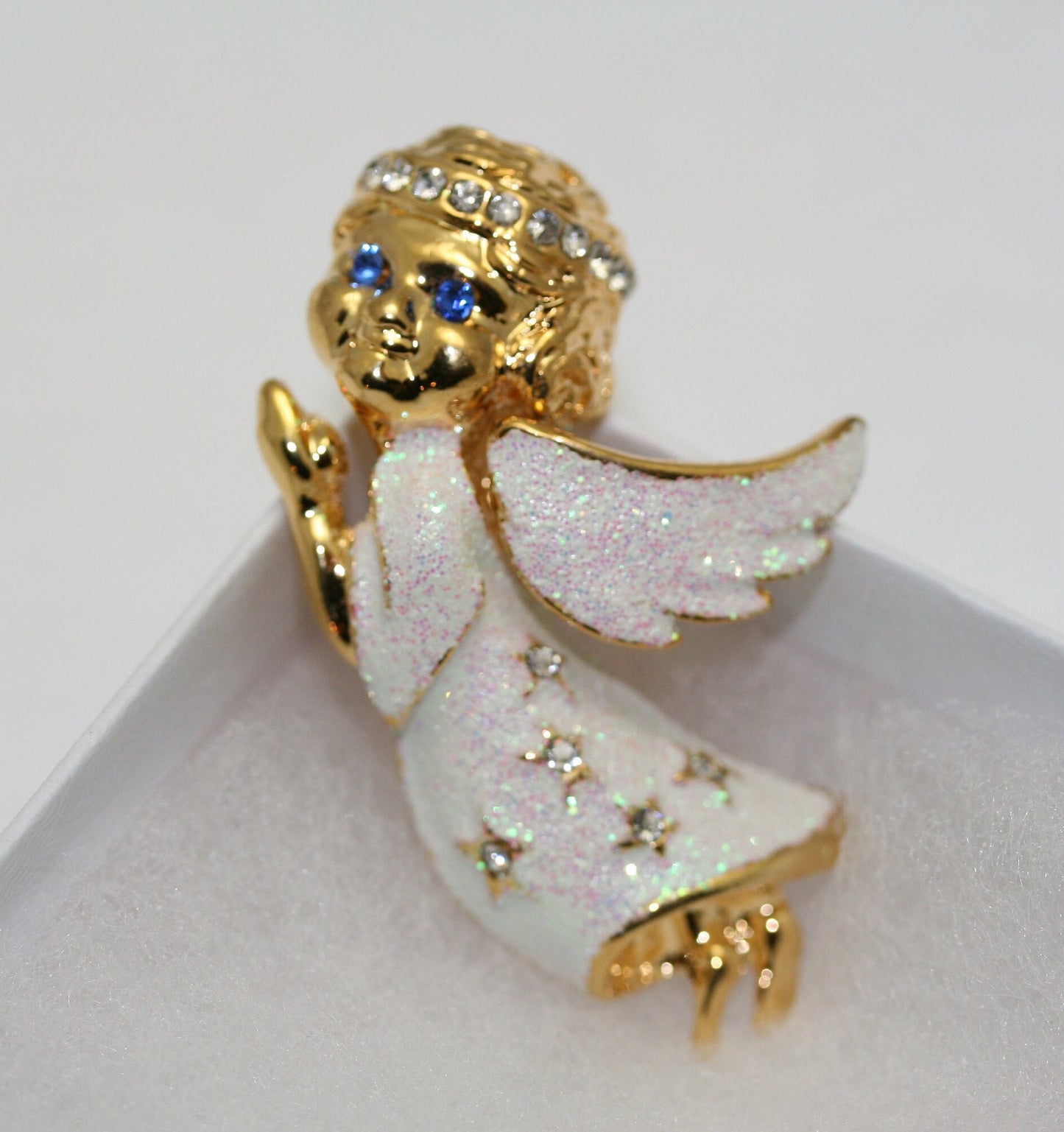 Gold Angel Brooch Pin, Rhinestone Angel with Halo Glitter White Dress Wings Brooch Pin, Costume Jewelry