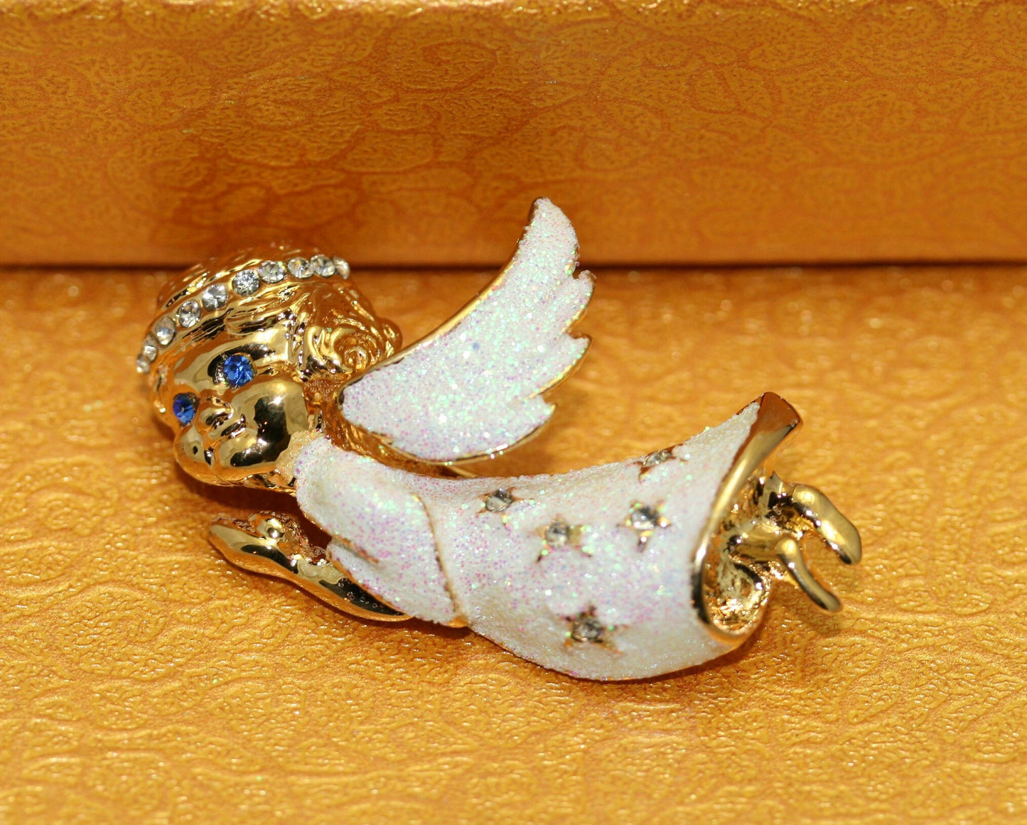 Gold Angel Brooch Pin, Rhinestone Angel with Halo Glitter White Dress Wings Brooch Pin, Costume Jewelry