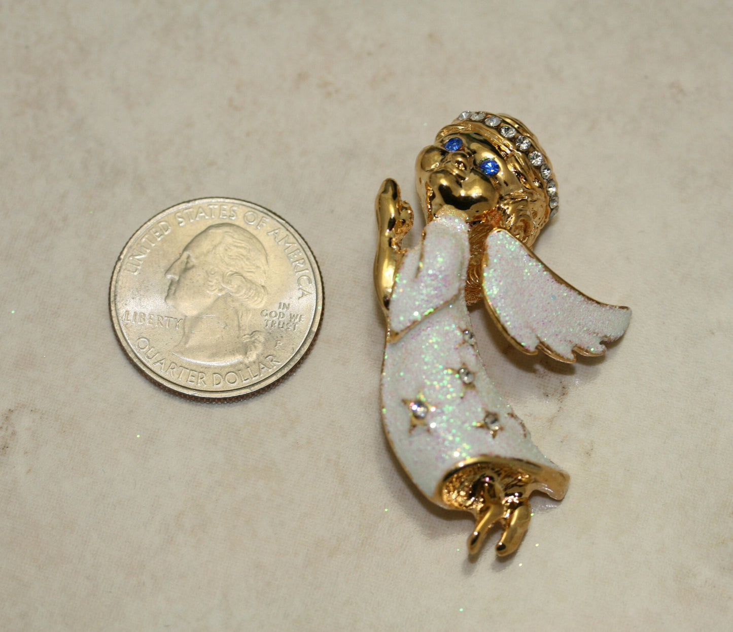 Gold Angel Brooch Pin, Rhinestone Angel with Halo Glitter White Dress Wings Brooch Pin, Costume Jewelry