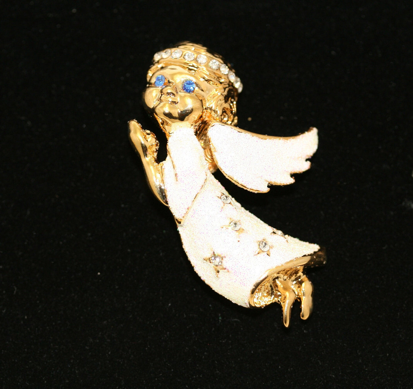 Gold Angel Brooch Pin, Rhinestone Angel with Halo Glitter White Dress Wings Brooch Pin, Costume Jewelry