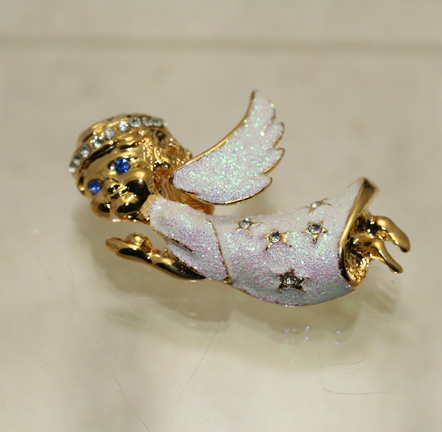 Gold Angel Brooch Pin, Rhinestone Angel with Halo Glitter White Dress Wings Brooch Pin, Costume Jewelry