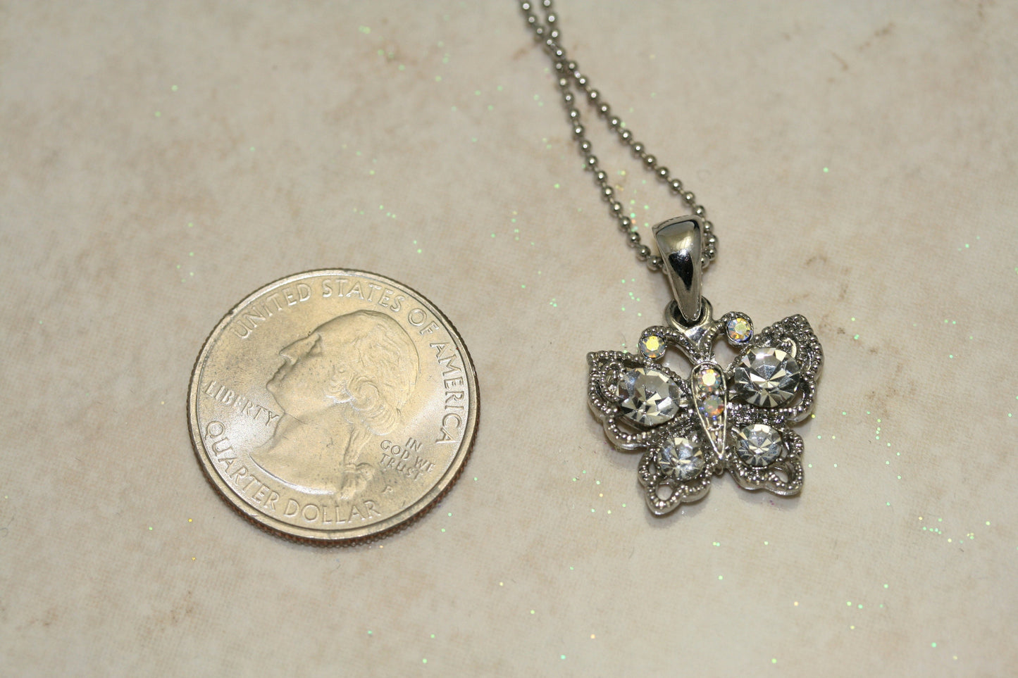 Rhinestone Butterfly Necklace Charm, Clear Crystal Butterfly Pendant With Chain (18")