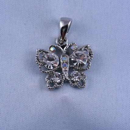 Rhinestone Butterfly Necklace Charm, Clear Crystal Butterfly Pendant With Chain (18")