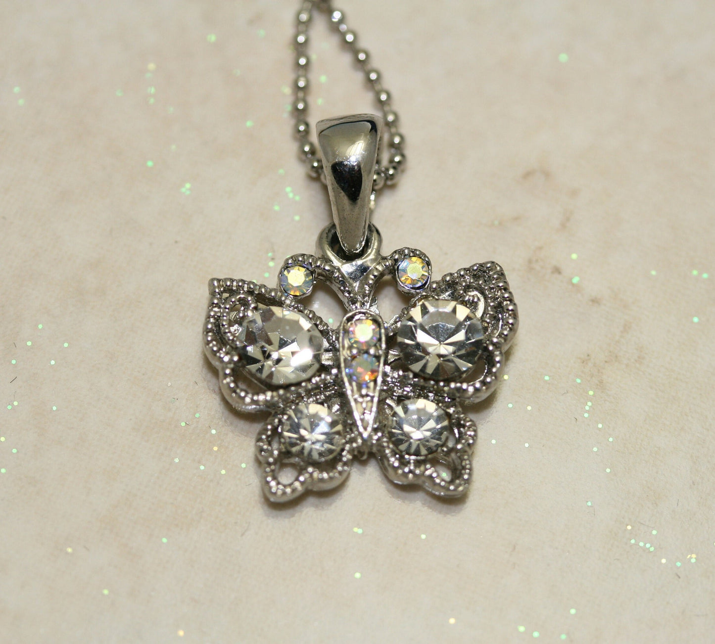 Rhinestone Butterfly Necklace Charm, Clear Crystal Butterfly Pendant With Chain (18")