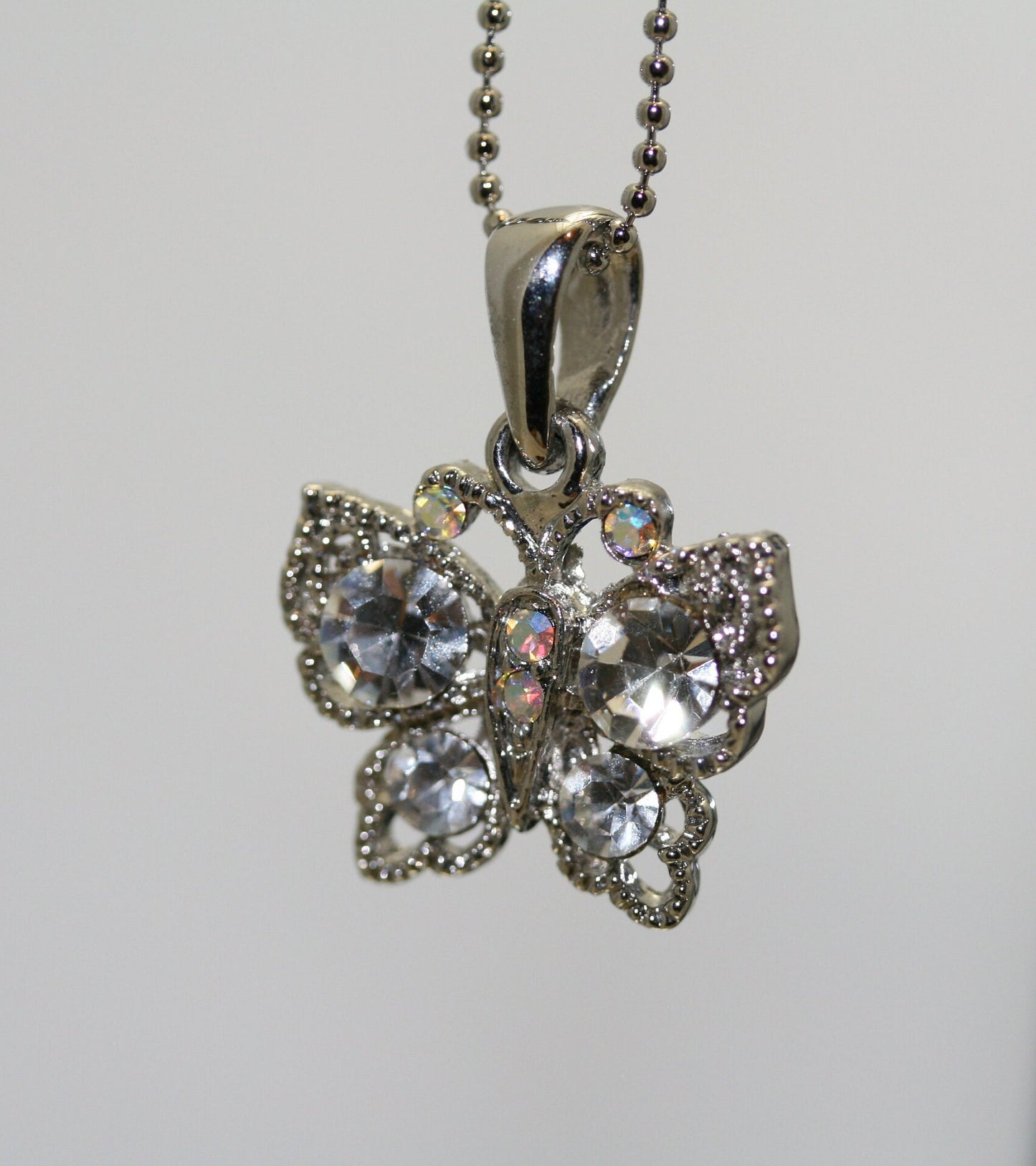 Rhinestone Butterfly Necklace Charm, Clear Crystal Butterfly Pendant With Chain (18")