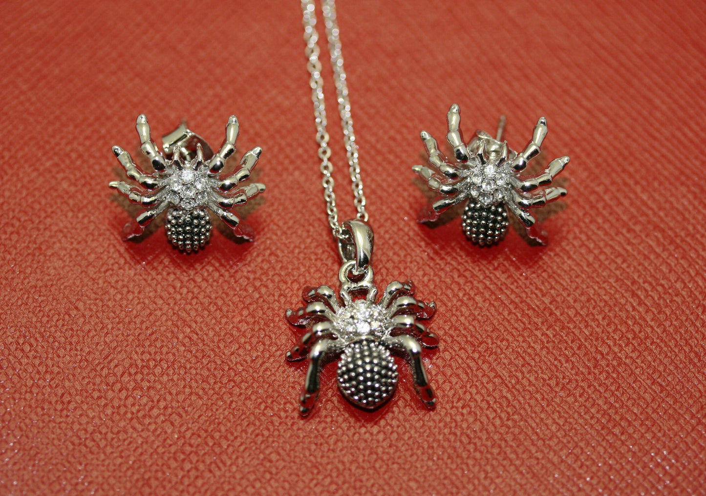 Halloween Insect Silver Tone Metal with Rhinestones Spider Charms Necklace And Earring Jewelry Set