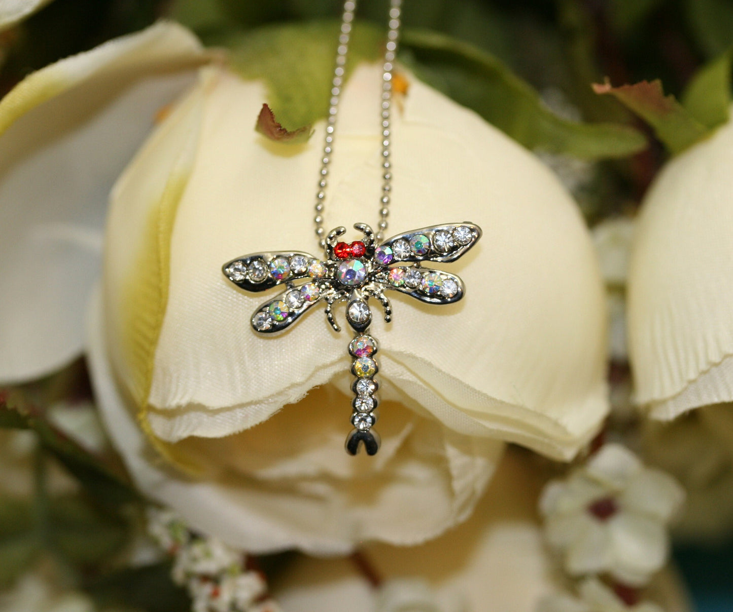 Insect Jewelry Sets for Bride Silver Dragonfly Pendant Necklace Rhinestone Post Earrings for Women