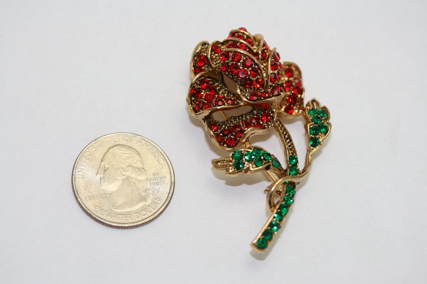 Vintage Large Ruby Garnet Olivine Rhinestone Rose Pin Brooch Jewelry, Fashion Valentine's Day Roses Pin