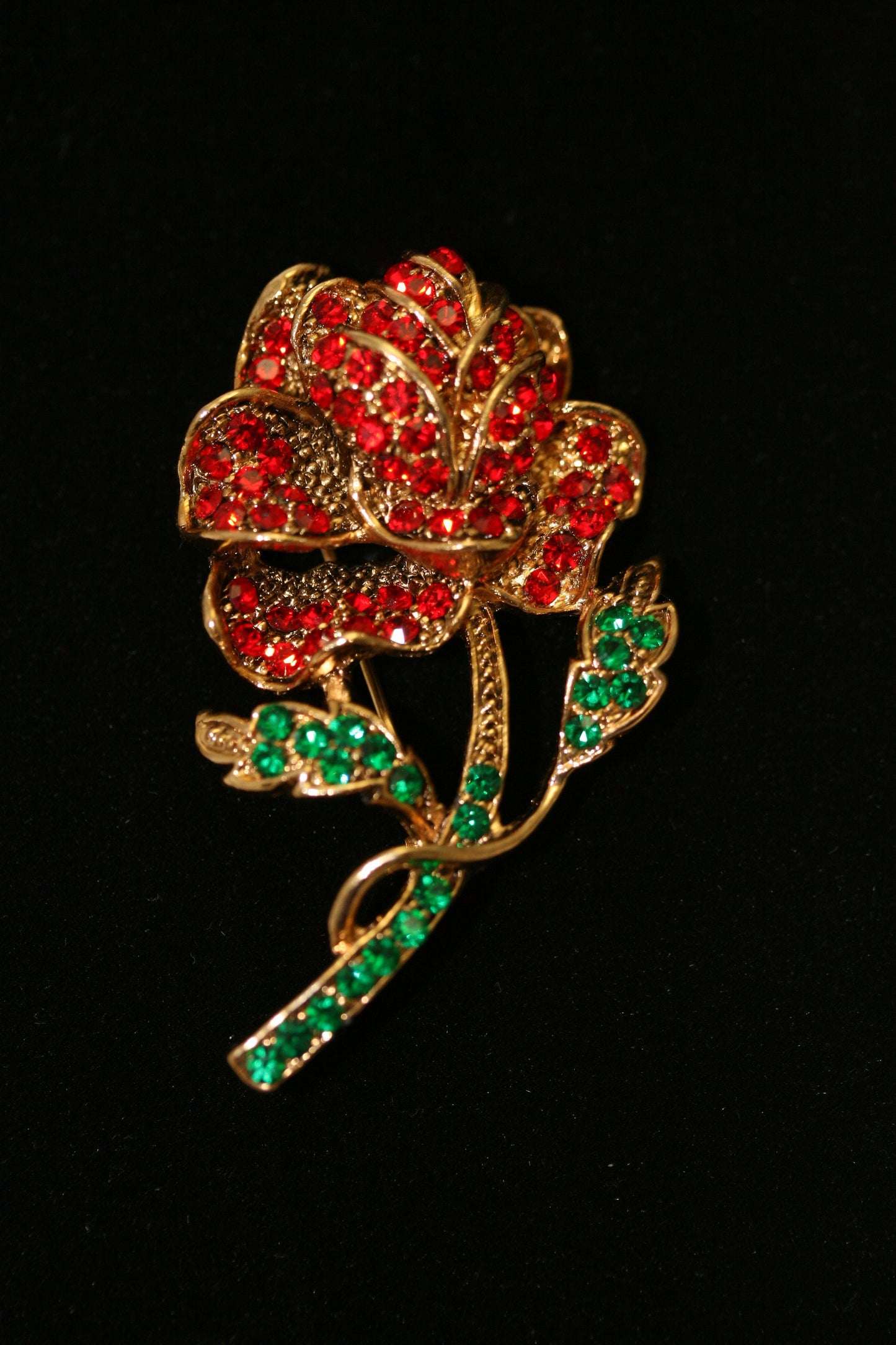 Vintage Large Ruby Garnet Olivine Rhinestone Rose Pin Brooch Jewelry, Fashion Valentine's Day Roses Pin