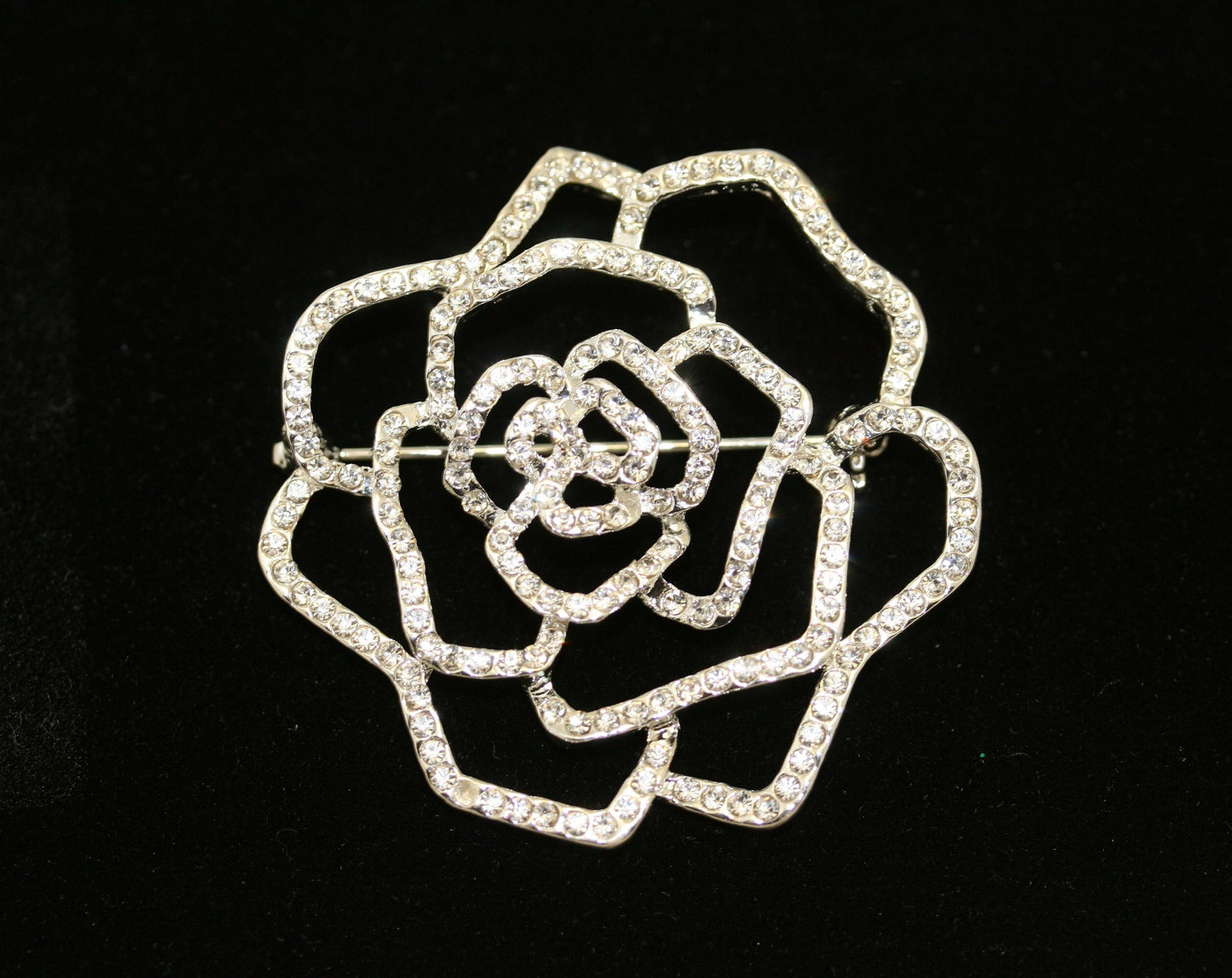 Sparkling Rhinestone Rose Brooch Pin Open Pave Crystal Bridal Bling, Flower Rose Pin Brooch