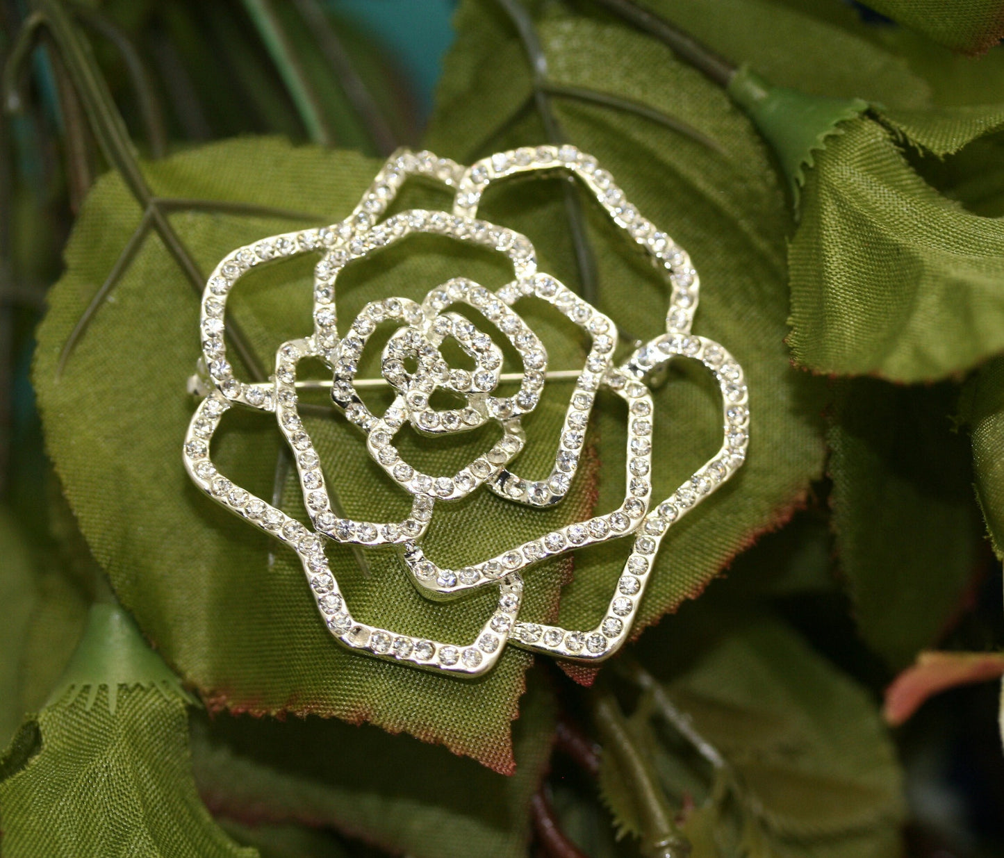 Sparkling Rhinestone Rose Brooch Pin Open Pave Crystal Bridal Bling, Flower Rose Pin Brooch