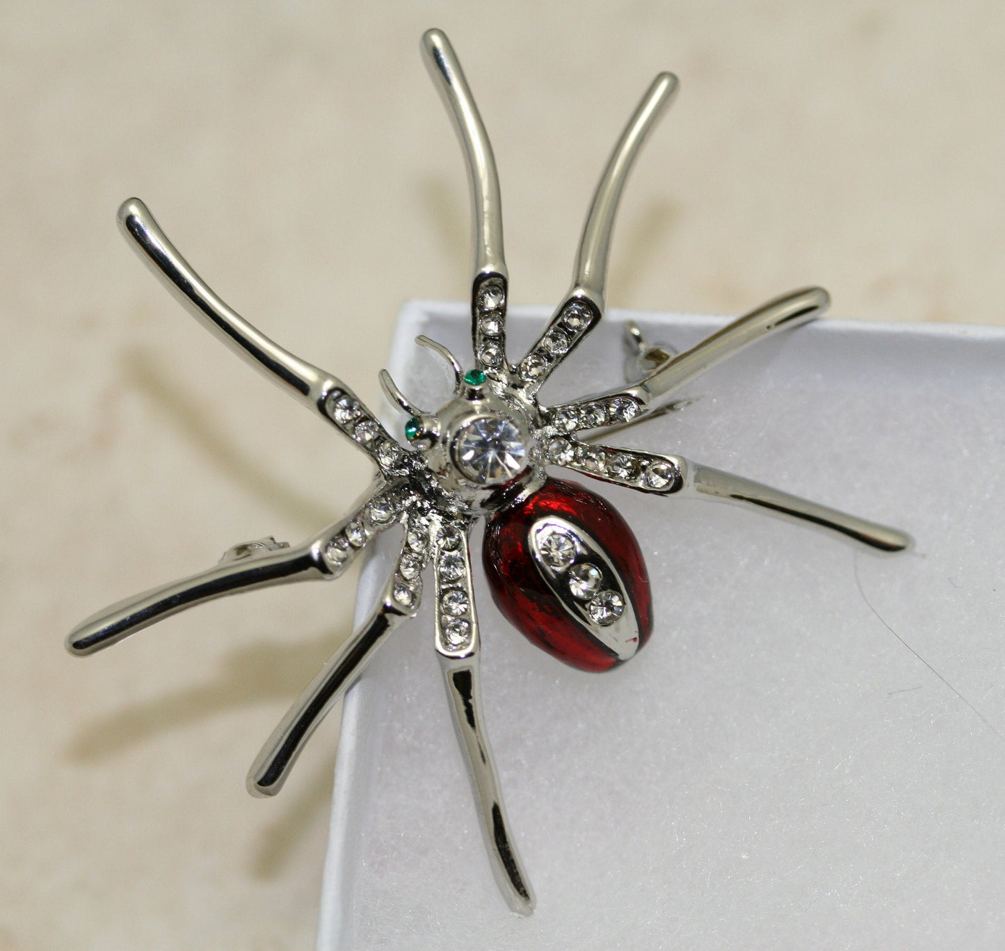Silver Plated Clear Rhinestone and Red Enamel Spider Brooch Halloween Spider Pin, Holiday Costume Jewelry