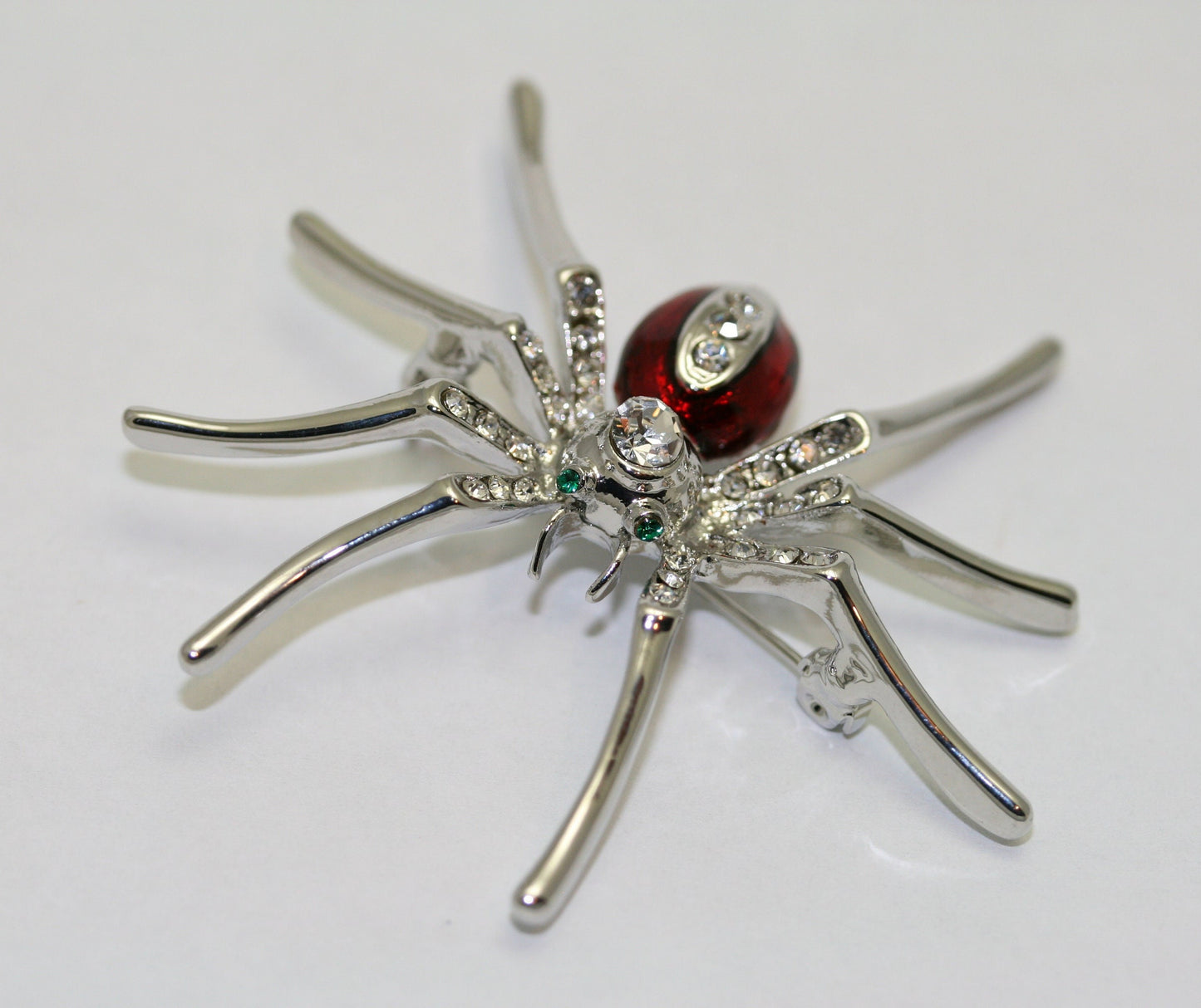 Silver Plated Clear Rhinestone and Red Enamel Spider Brooch Halloween Spider Pin, Holiday Costume Jewelry
