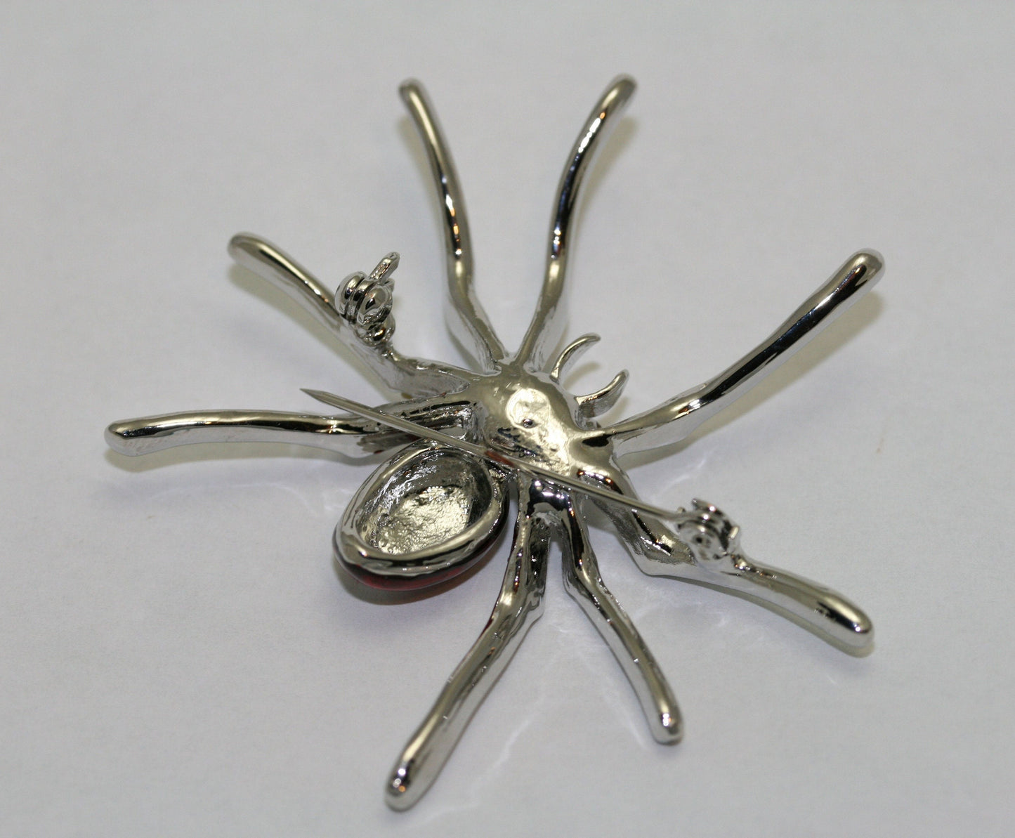 Silver Plated Clear Rhinestone and Red Enamel Spider Brooch Halloween Spider Pin, Holiday Costume Jewelry