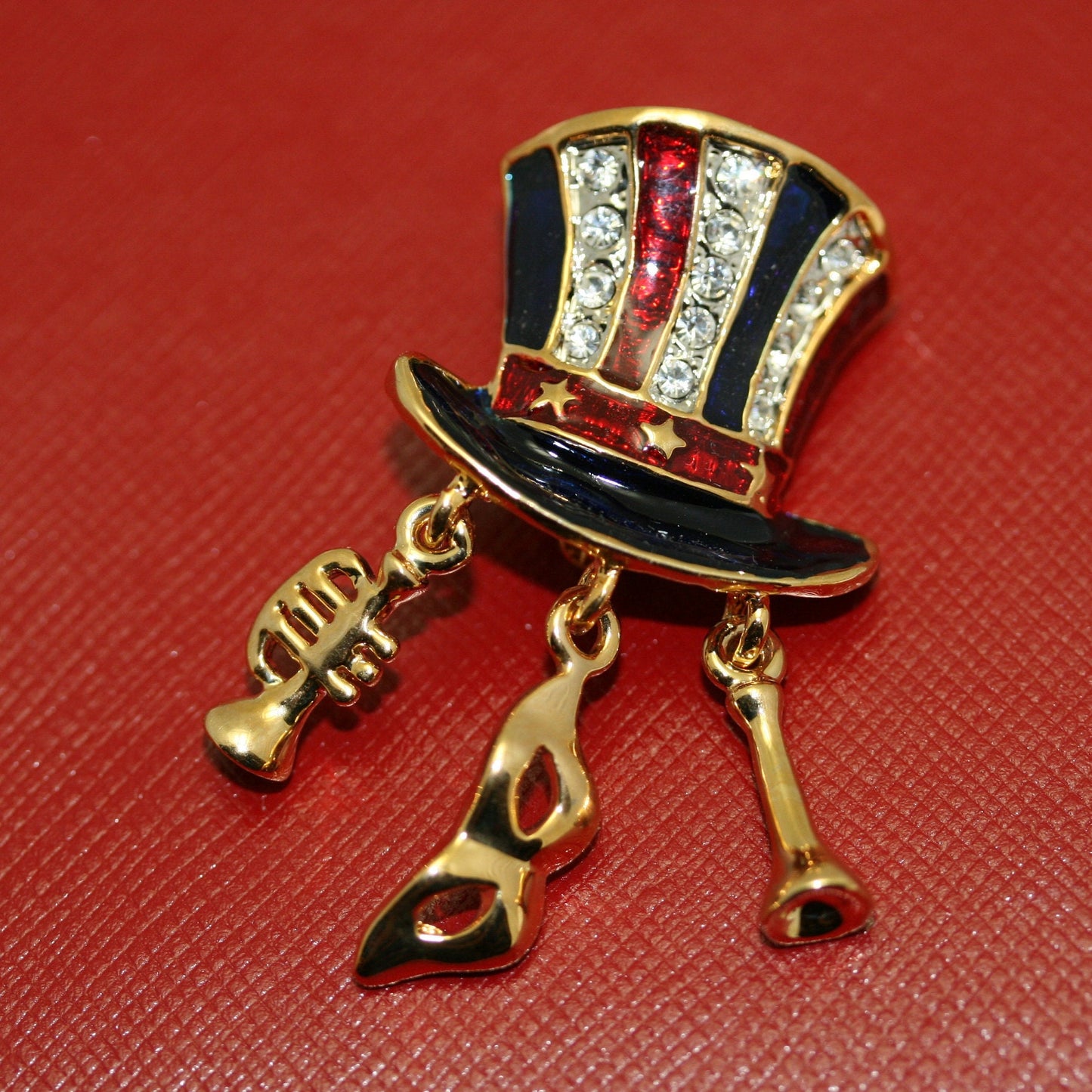 Patriotic Uncle Sam Top Hat Enamel & Rhinestone Gold-tone Lapel Hat Pin, USA Flag, 4th July Costume Brooch Jewelry