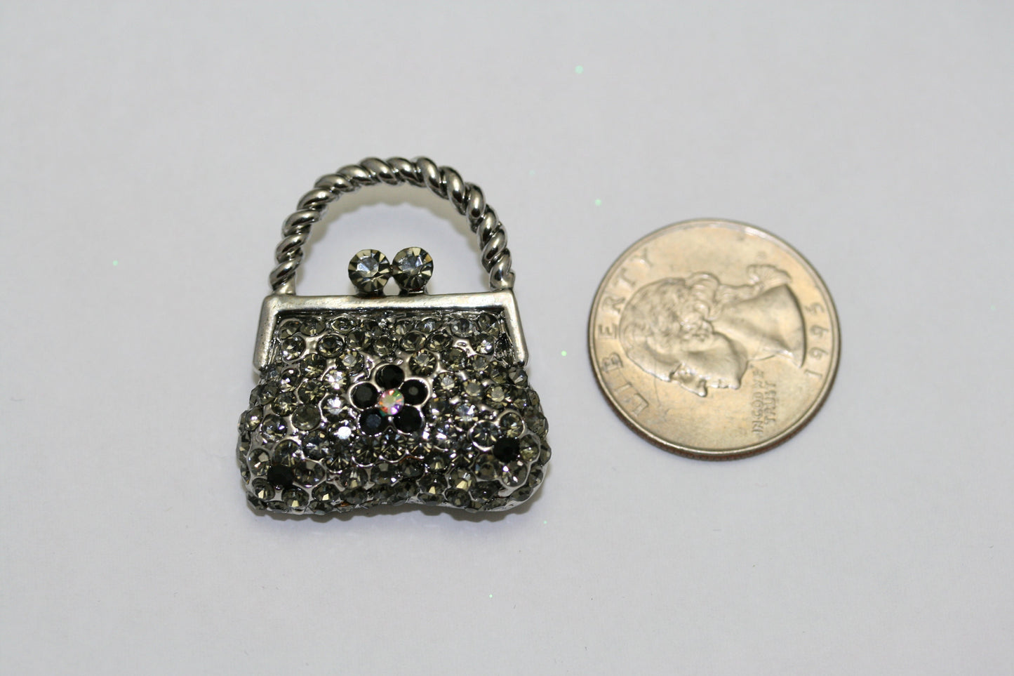 Vintage Purse Handbag Brooch Pin Antique Silver Black Rhinestone Costume Jewelry
