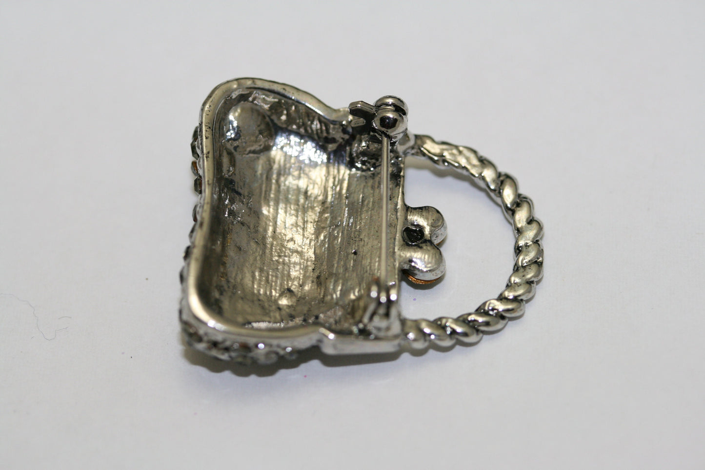 Vintage Purse Handbag Brooch Pin Antique Silver Black Rhinestone Costume Jewelry