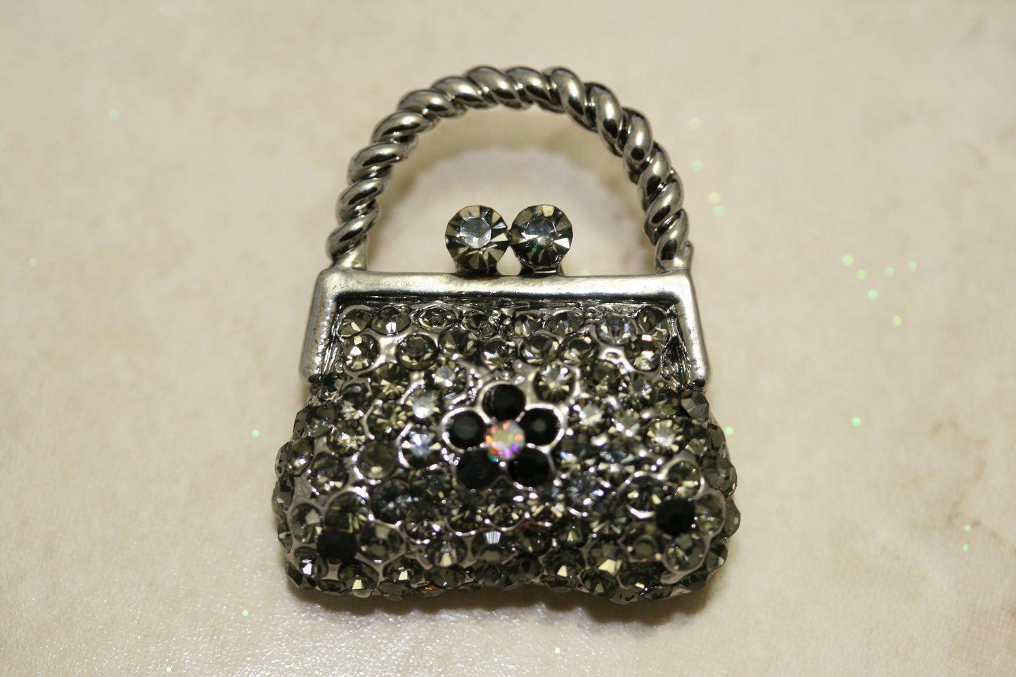 Vintage Purse Handbag Brooch Pin Antique Silver Black Rhinestone Costume Jewelry