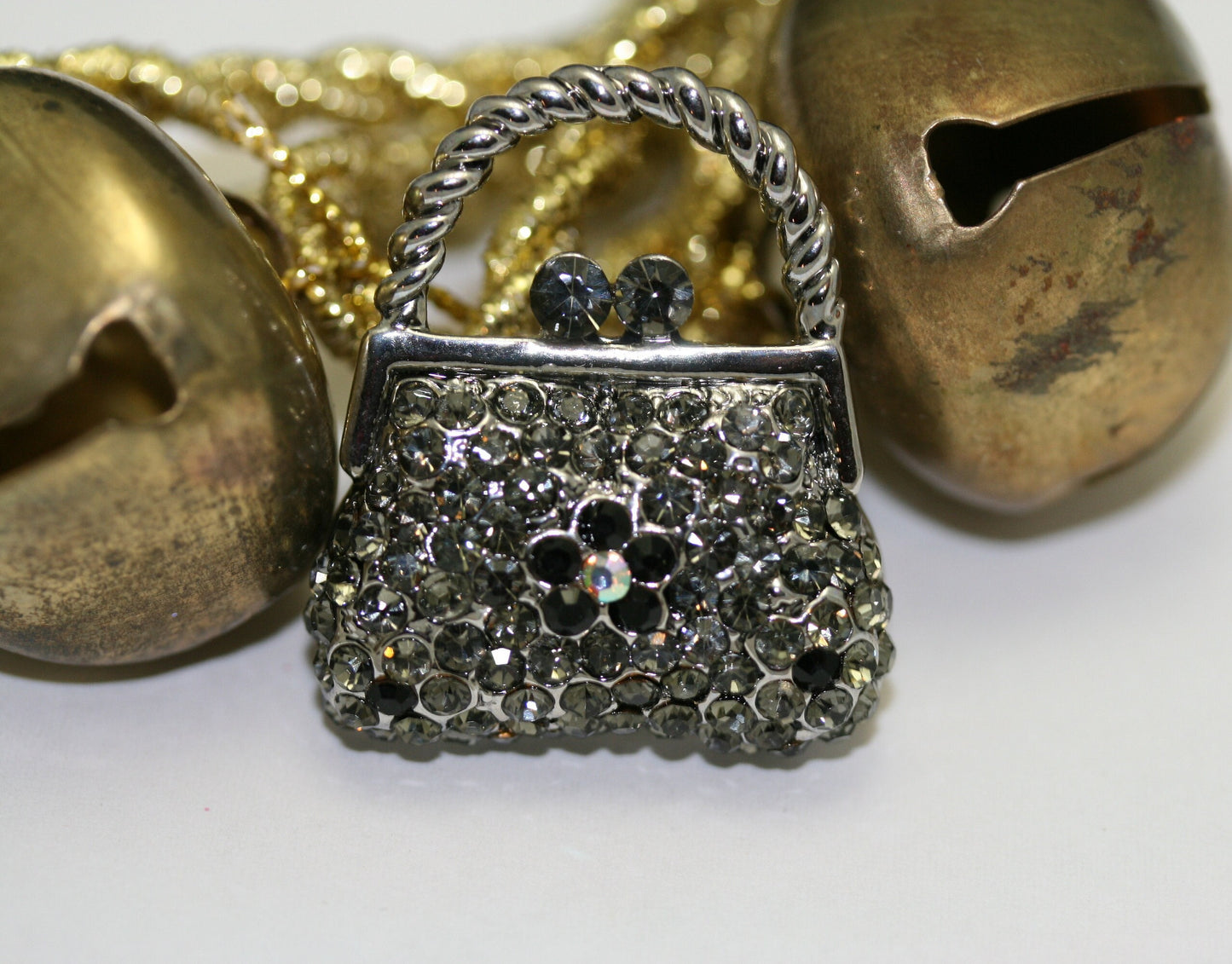 Vintage Purse Handbag Brooch Pin Antique Silver Black Rhinestone Costume Jewelry