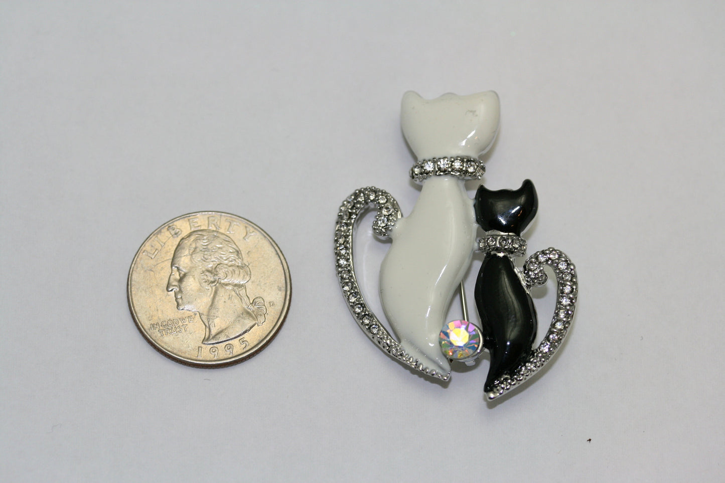 Black And White Two Cute Sitting Cat Kitten Kitty Brooch Pin for Women, Rhinestone Animal Jewelry