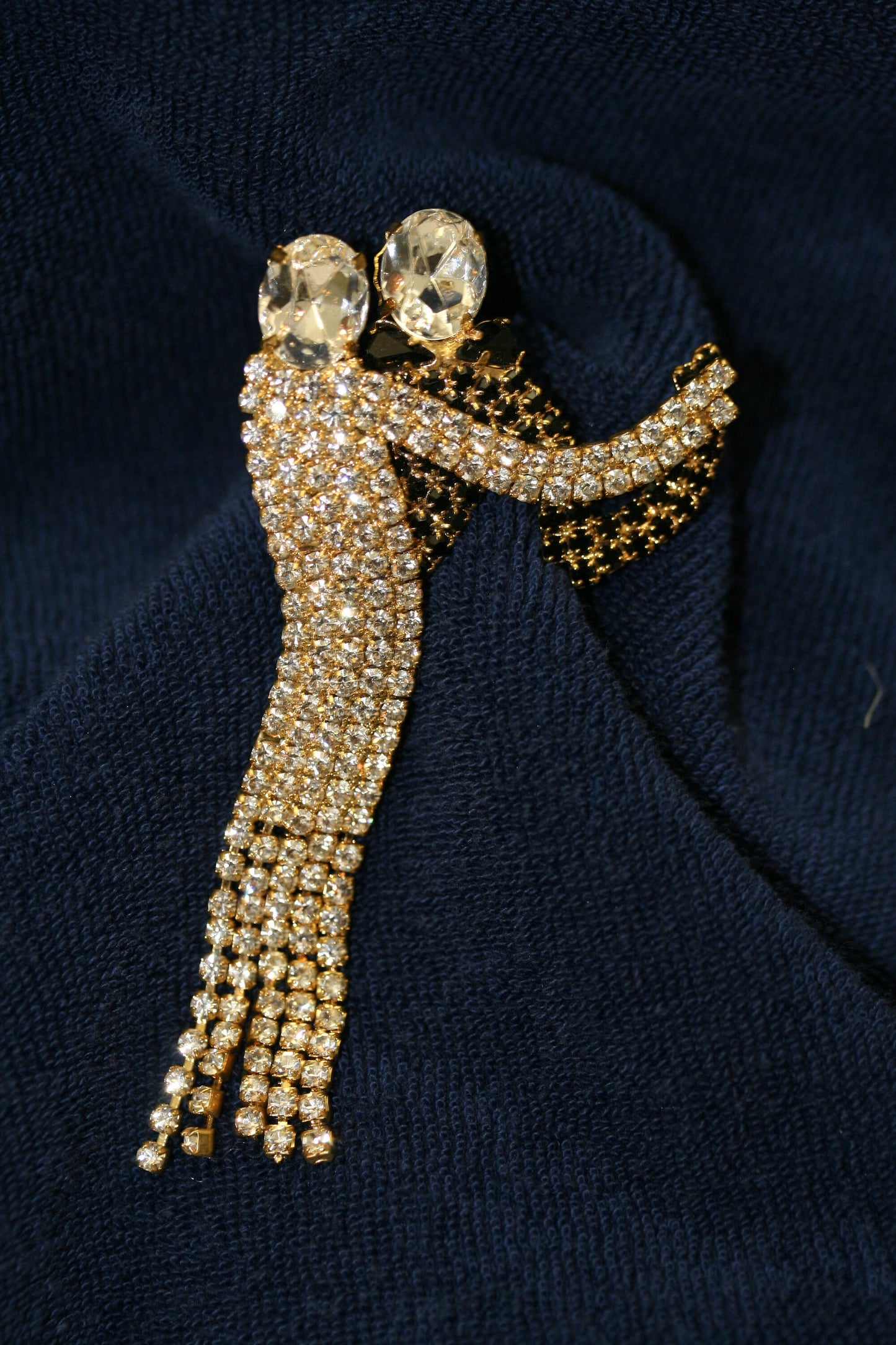 Vintage Gold Dancing Couple Articulated Black and White Rhinestone Brooch Pin, Fashion Jewelry