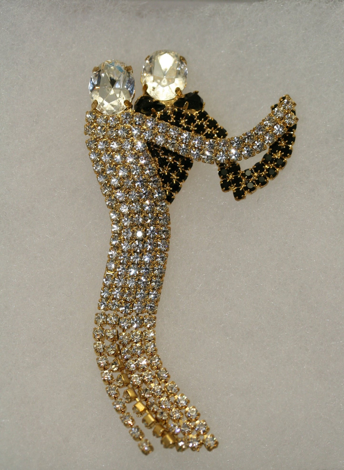 Vintage Gold Dancing Couple Articulated Black and White Rhinestone Brooch Pin, Fashion Jewelry