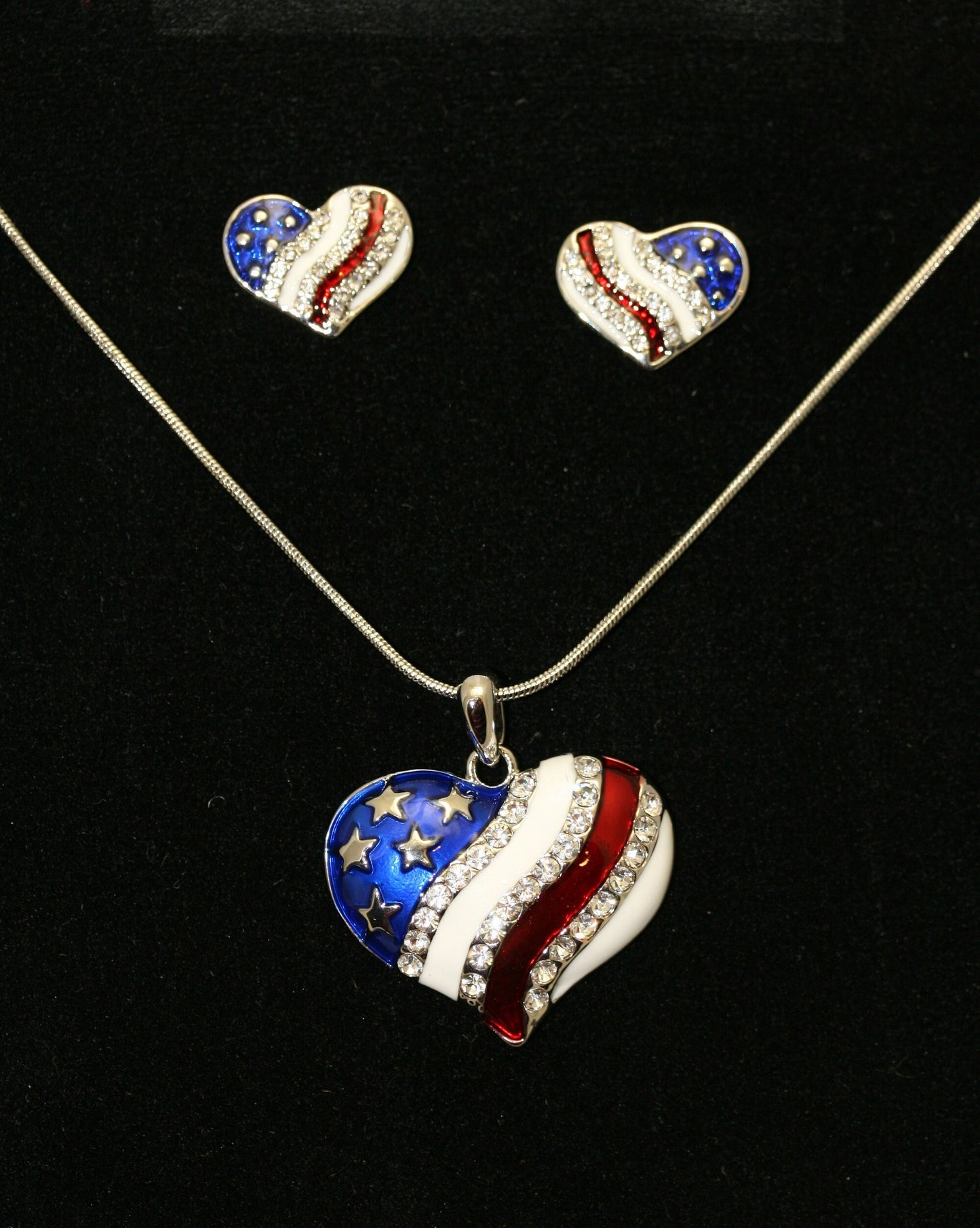 USA Flag Patriotic Heart Pendant, 4th of July Independence Day Heart Pendant Necklace & Heart Earrings Jewelry Set