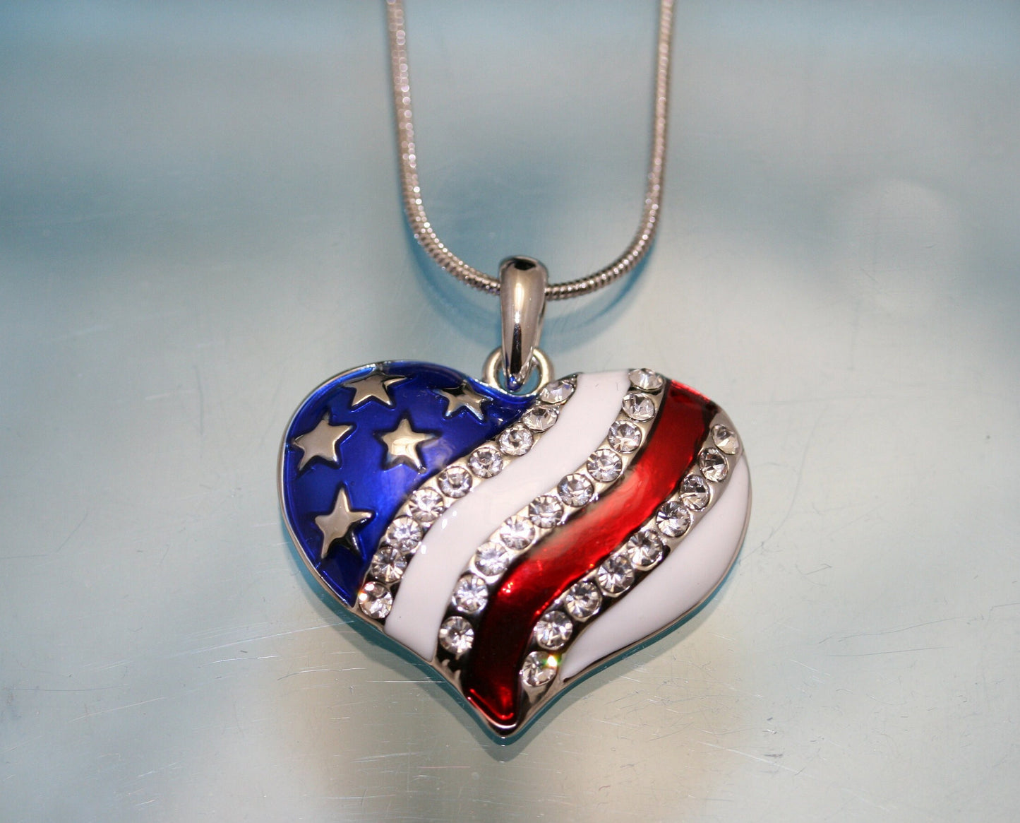 USA Flag Patriotic Heart Pendant, 4th of July Independence Day Heart Pendant Necklace & Heart Earrings Jewelry Set