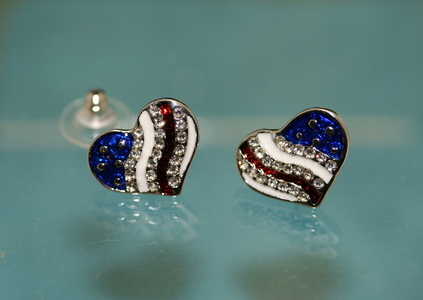 USA Flag Patriotic Heart Pendant, 4th of July Independence Day Heart Pendant Necklace & Heart Earrings Jewelry Set