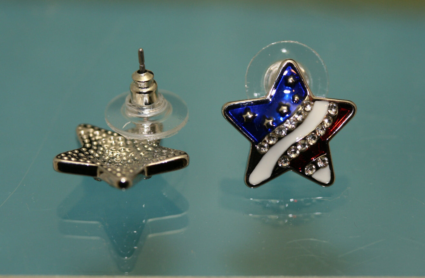 Rhinestone USA Flag Stars Pendant Patriotic Heart Pendant Necklace & Post Heart Earrings Set, Crystal Star Pendant, Star Earrings