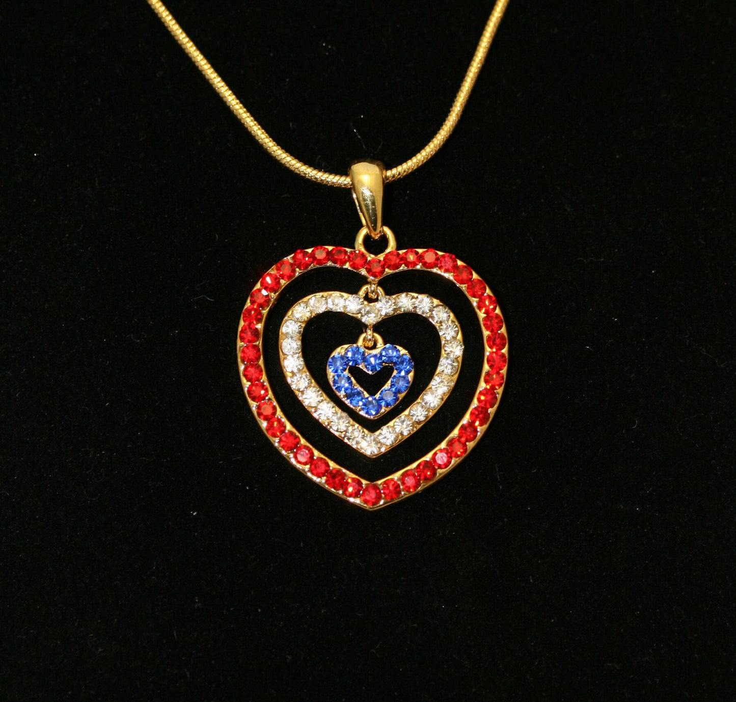 Rhinestone USA American Flag Triple Heart Patriotic 4th of July Independence Day Pendant Necklace