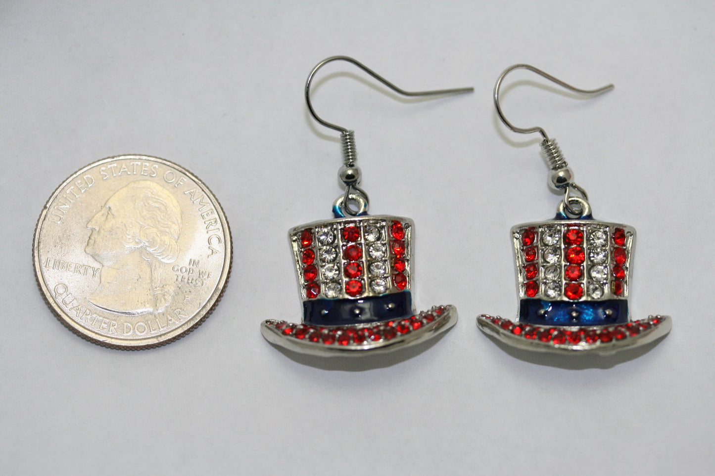 4th July Red White Blue Statement Earrings Top Hat Uncle Sam USA Flag Rhinestone American French Hook Dangle Earring