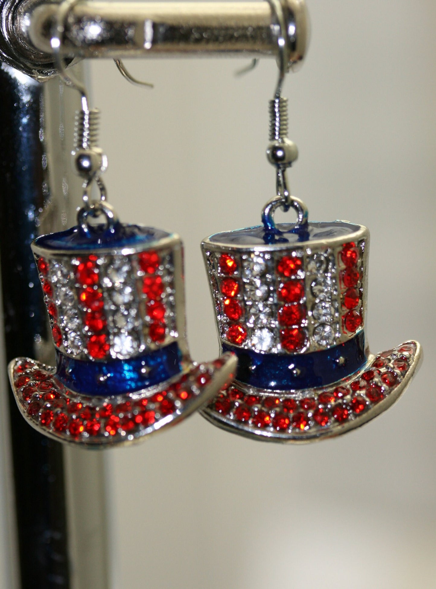 4th July Red White Blue Statement Earrings Top Hat Uncle Sam USA Flag Rhinestone American French Hook Dangle Earring