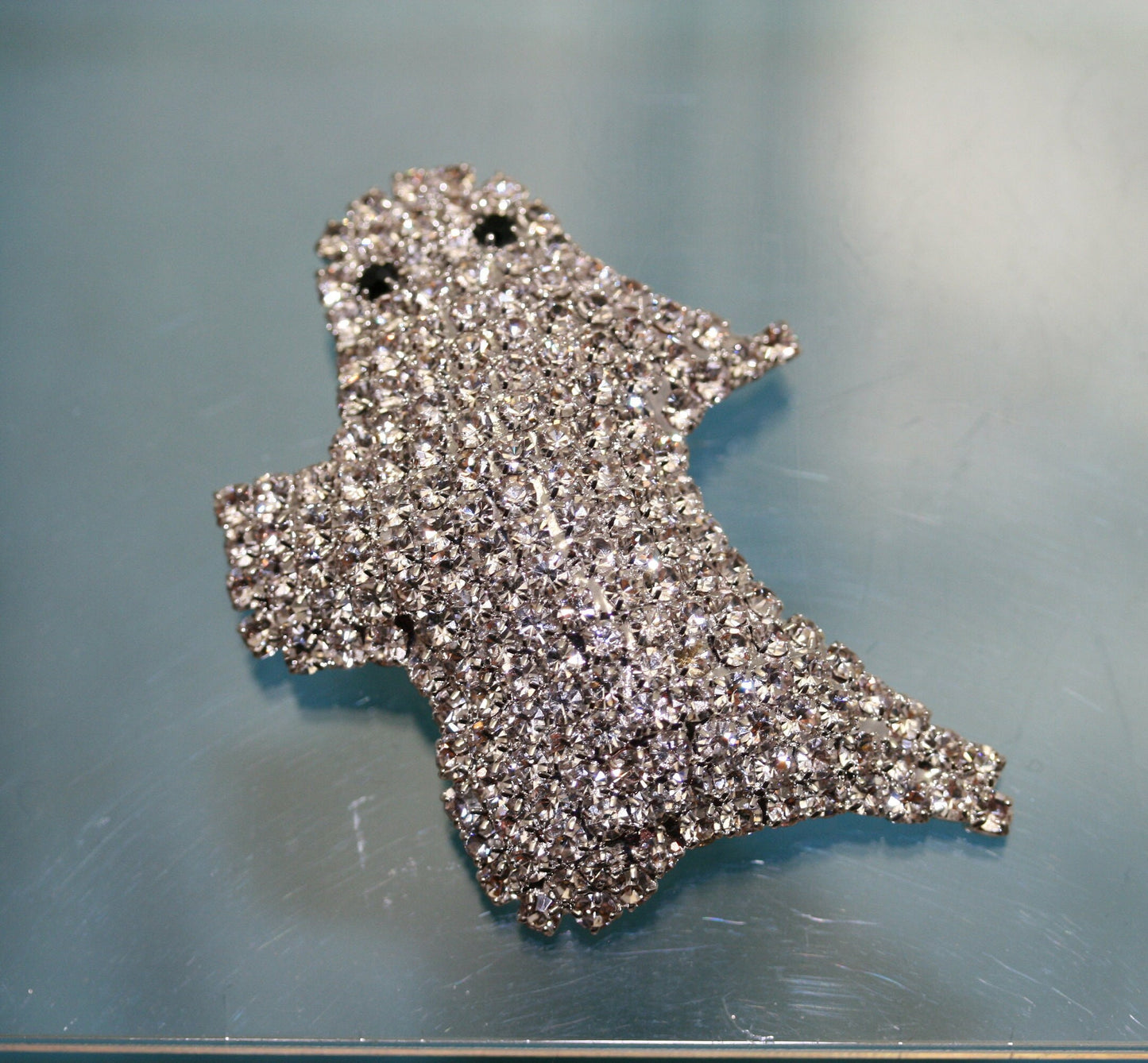 Halloween Adorable Rhinestone Spooky Flying Ghost Pin, Halloween Jewelry, Silver Crystal Ghost Brooch