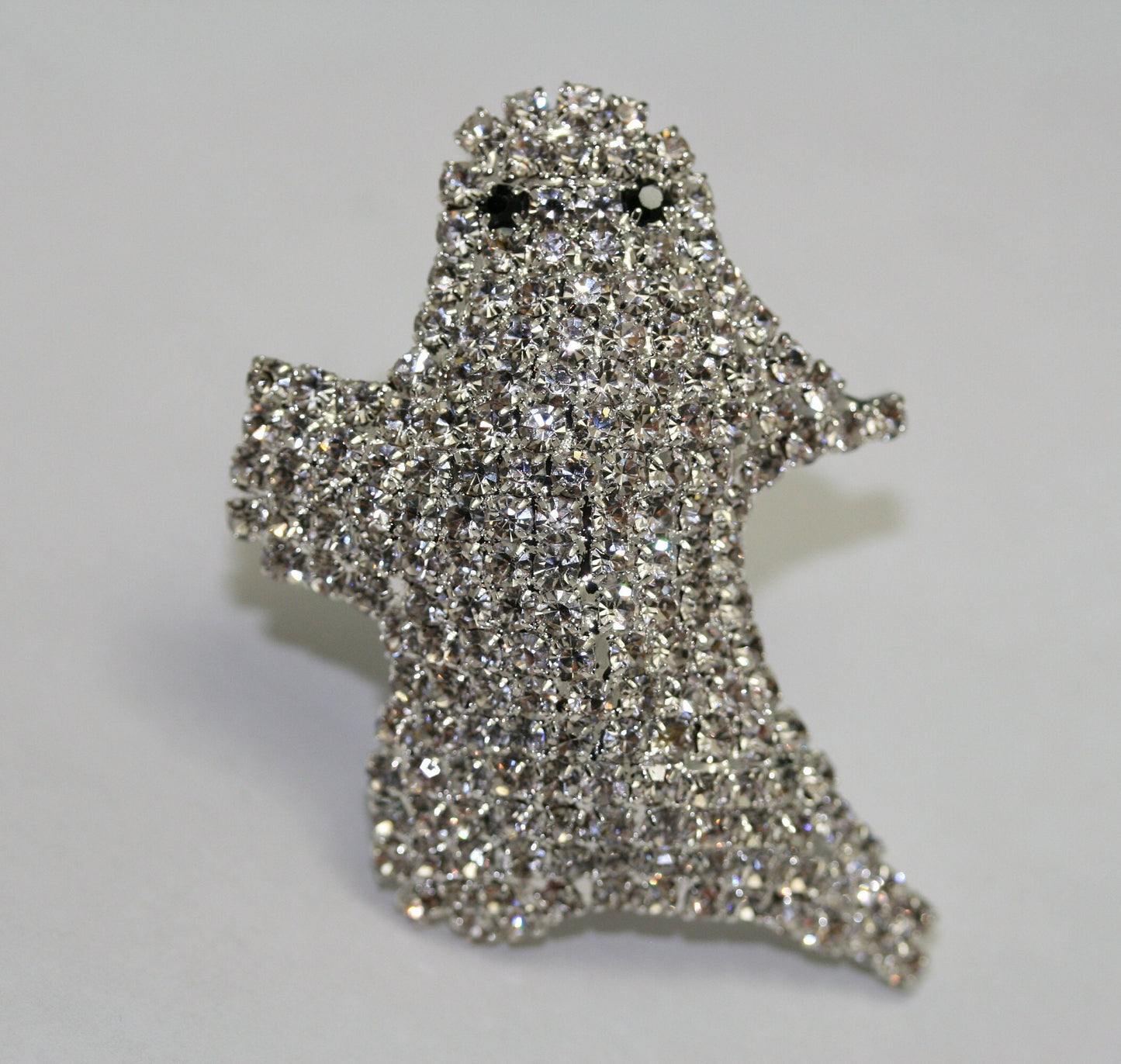Halloween Adorable Rhinestone Spooky Flying Ghost Pin, Halloween Jewelry, Silver Crystal Ghost Brooch