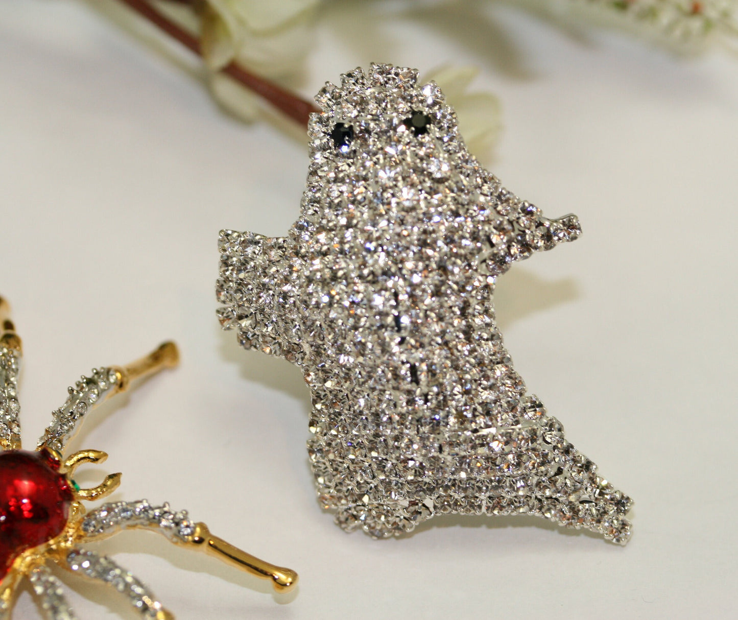 Halloween Adorable Rhinestone Spooky Flying Ghost Pin, Halloween Jewelry, Silver Crystal Ghost Brooch