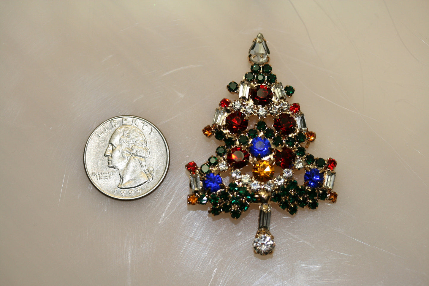 Christmas Tree Brooch, Pin, Christmas Jewelry, Gold-Tone Diamond Xmas Tree Brooch Pin