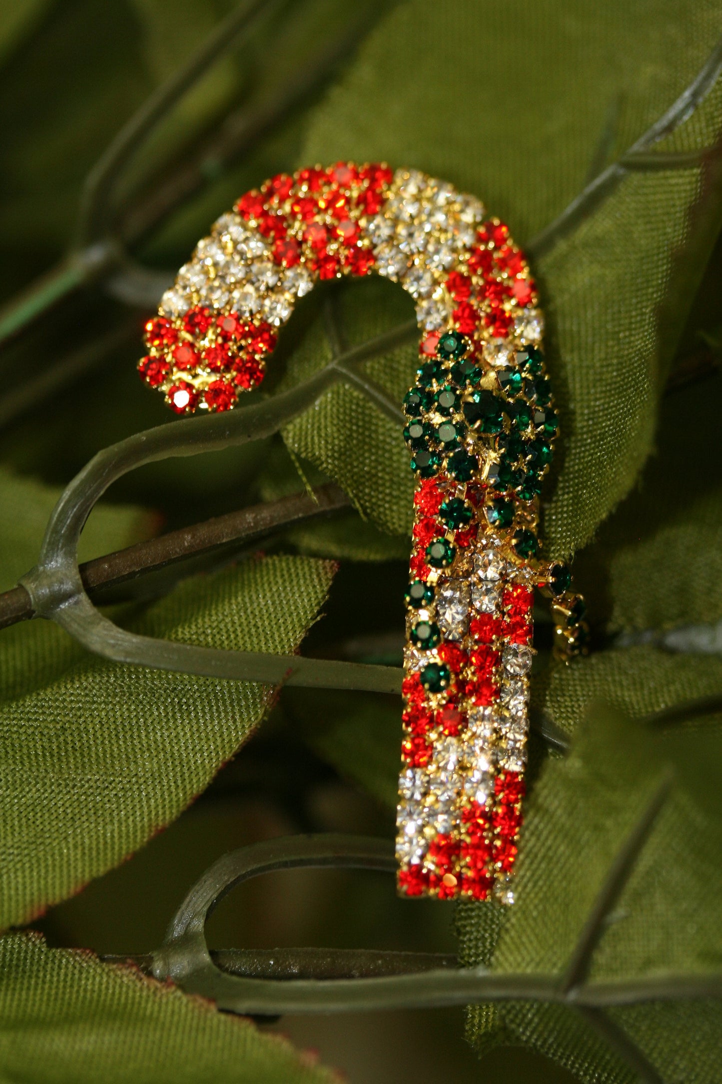 Candy Cane Rhinestone Brooch Pin, Vintage Design Christmas Jewelry, Holiday Accessories Signs of the Season Brooch